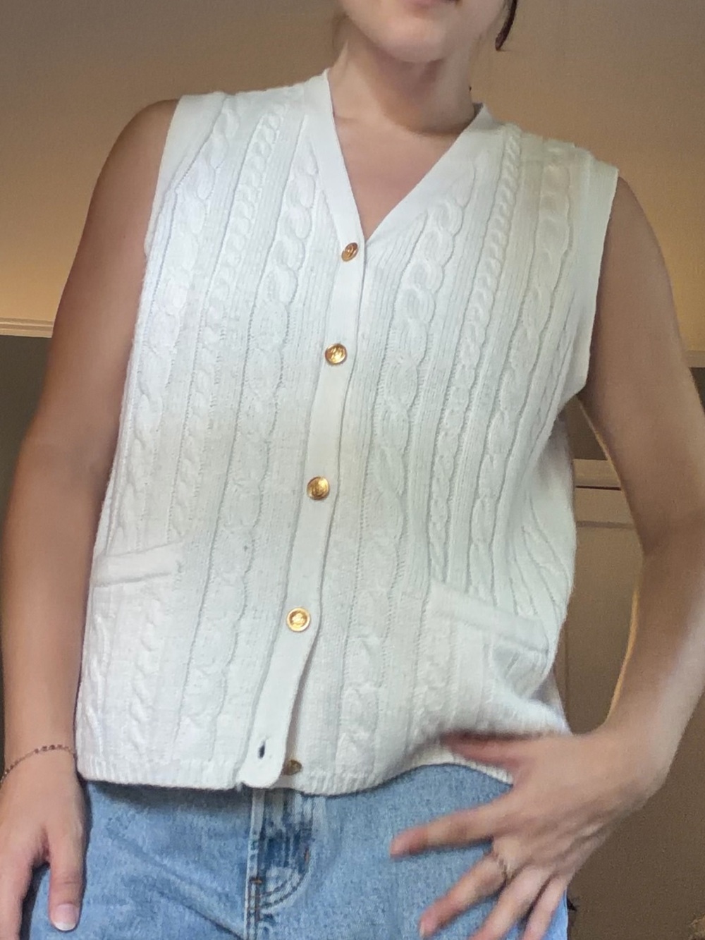 Vintage Classic Elements Cream Knit V-Neck Sweater